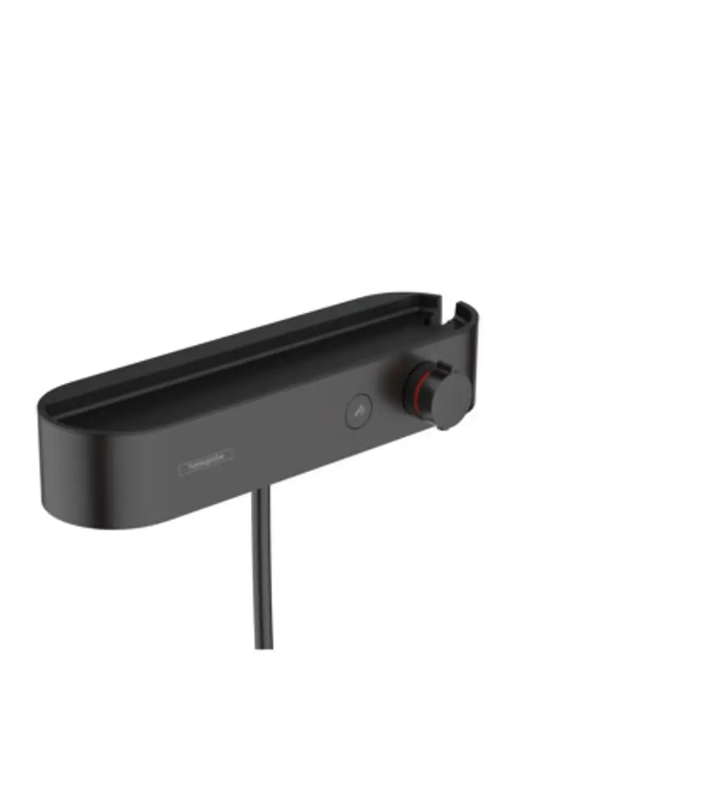 Hansgrohe Duschthermostat in mattschwarz mit Bedienknopf und Tasten für die Steuerung. Funktionale, schlichte Formgebung für die Wandmontage.